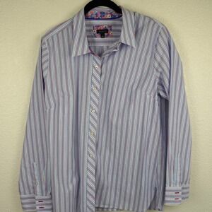 Talbots Striped Button Down Shirt Floral Trim Cuffs Size L‎